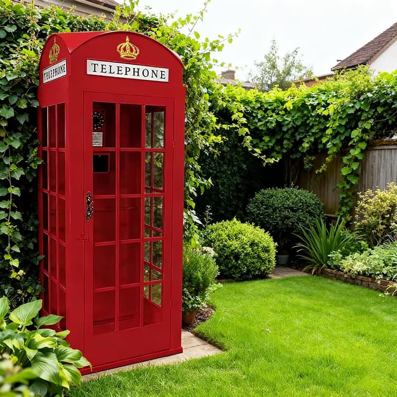 Classic red telephone booth, British phone box style, set in a garden
