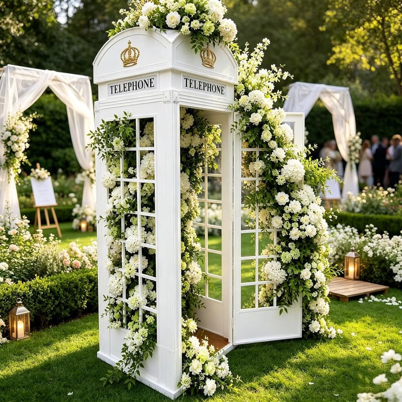 White wedding telephone booth decorated with white florals at an outdoor ceremony